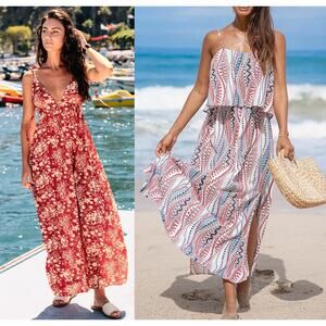 NWT Cupshe Dress Maxi Beach Cover Up Plunging Halterneck Maxi Dress BUNDLE Sz S